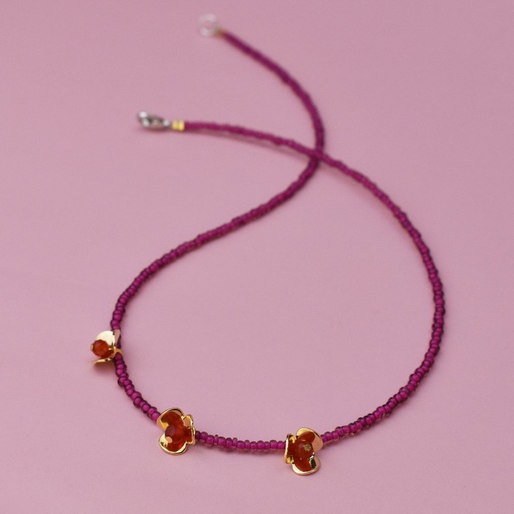 Hot pink seed bead choker necklace with gold flower charms
